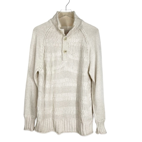 CARBON2COBALT Ivory Cable Knit Sweater Mock Neck Henley Button up Men's Large - Picture 1 of 8